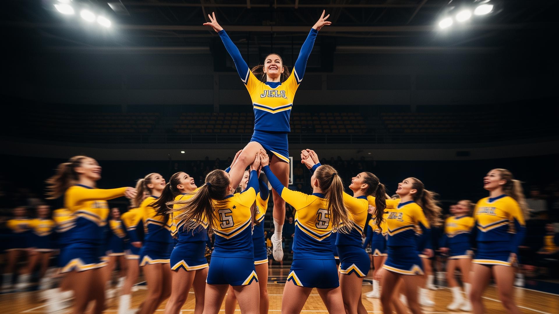 Cheerleadingatleter mitt i en stunt